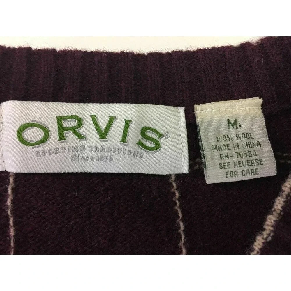 Orvis Vneck 100% Wool Sweater M Maroon‎ Gold Checks Golf Fishing Mens